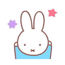 a miffy (white rabbit with an x mouth) holding her hands up. she is wearing a blue shirt and there are 2 stars on top of her.