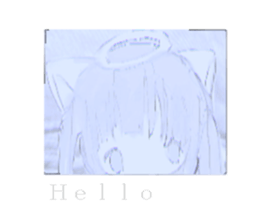 an anime girl with cat ears and a halo. the image is blurry and pale purple. below the image is text that reads "hello"