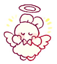 a little doodle of a bunny, with angel wings and a halo. they are also wearing a dress and a bowtie.